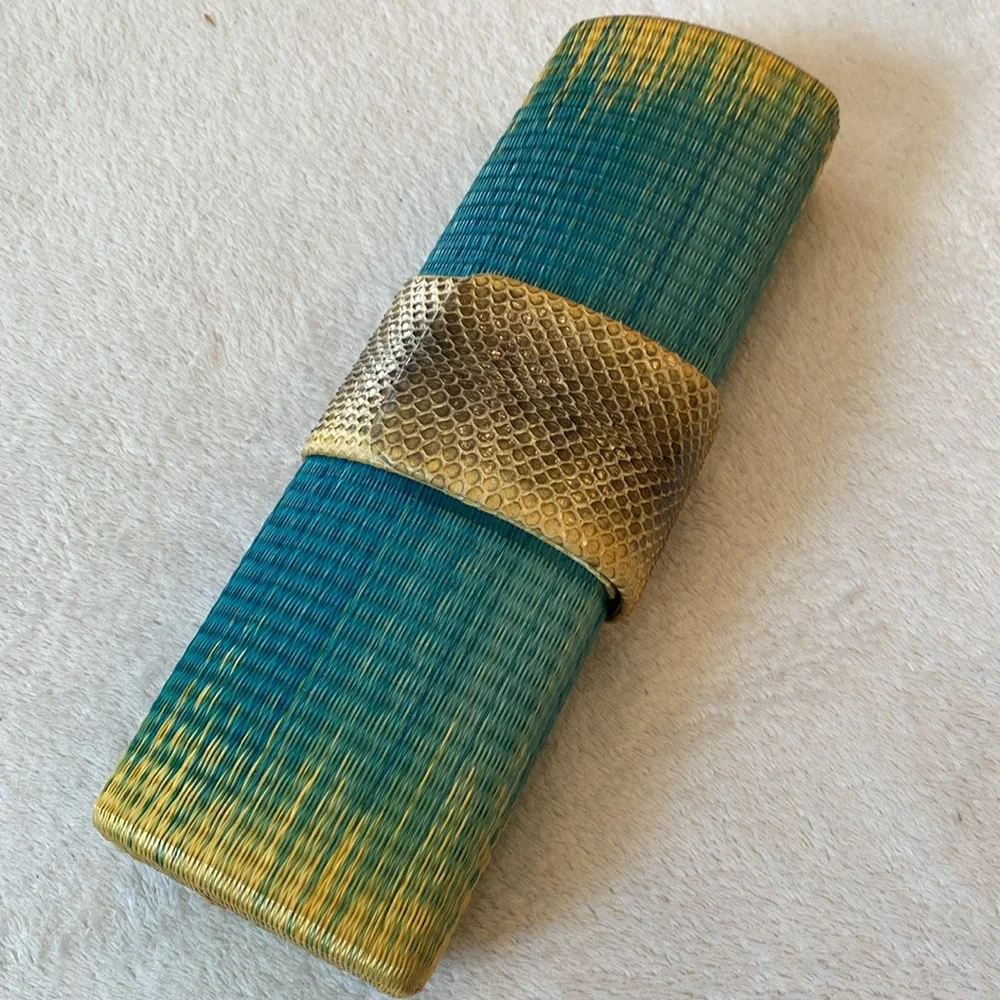 John Carlo Creations snakeskin and ombré turquoise to yellow raffia clutch
